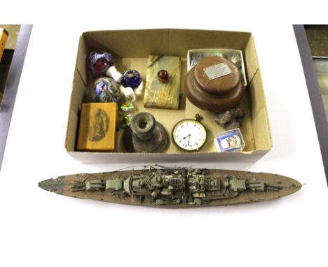 A tray containing a silver dwarf candlestick; a glass paperweight; pocket watch; model boat etc. 