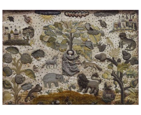 Mid 17th century embroidered stumpwork panel, depicting Orpheus playing his lute to the mystic animals, the ivory ground with