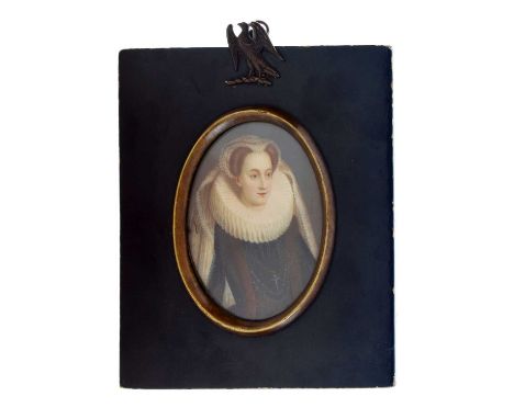 19th century oval portrait miniature of Mary Stuart, signed Smith, painted on ivory, 8cm x 6cm, within ebonised and lacquered