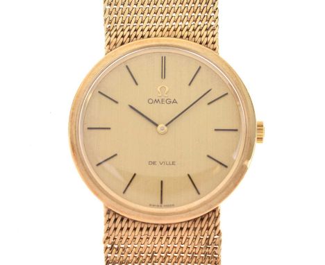 Omega - Gentleman's 9ct gold De Ville bracelet watch having a champagne dial with applied markers and gilt hands, snap-on cas