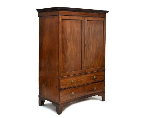 George III mahogany linen press, having dentil cornice and twin doors enclosing hanging space over two long drawers with lion