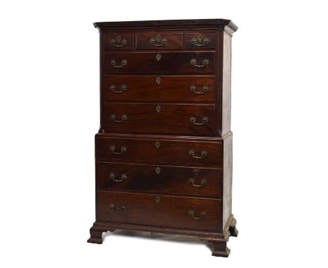 George III mahogany chest-on-chest or tallboy, the moulded canted dentil cornice over three short and three graduated long dr
