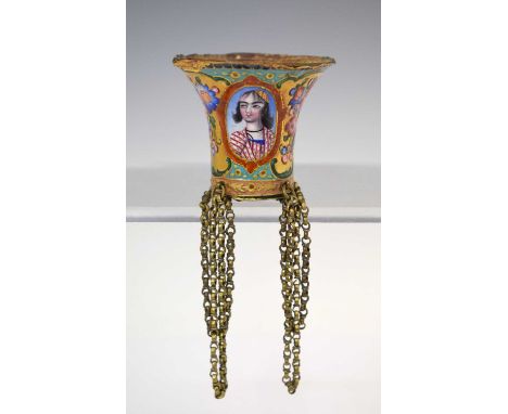 Persian Qajar polychrome enamelled huqqa or ghalian cup fragment, Iran, 19th century, of flared socket form with polychrome e
