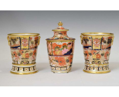 Chamberlain Worcester pair of cache pots and stands, pattern 240, of tapered cylindrical form with moulded ring handles, pain