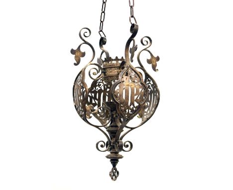 Late 19th century silvered metal ecclesiastical hanging lantern or censer, in the Gothic Revival taste, the central pierced c