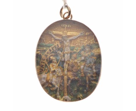 Enamel and gold devotional pendant, possibly Italian, circa 1550-1600, the scene of the Crucifixion with three Roman soldiers
