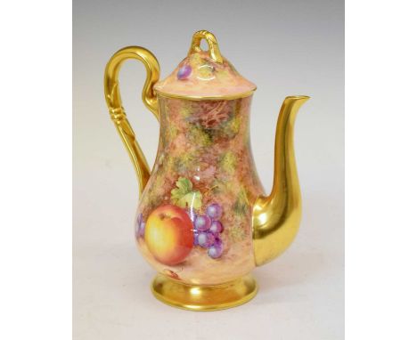 Royal Worcester porcelain fruit decorated coffee pot, of footed baluster form, painted by Freeman, black printed marks, 21cm 