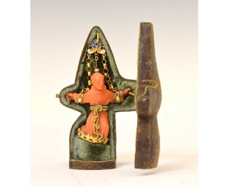 Southern Italian carved coral and enamel figural pendant, probably Trapani, 18th or 19th century, modelled as a monk or monas