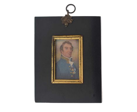 19th century portrait miniature of the Duke of Wellington, painted on ivory, 5.5cm x 3.5cm, within ebonised frame with gilt m