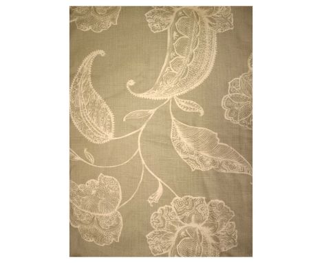 One pair of lined and interlined curtains, linen printed with a cream foliate design on celadon green ground, 475cm (width of