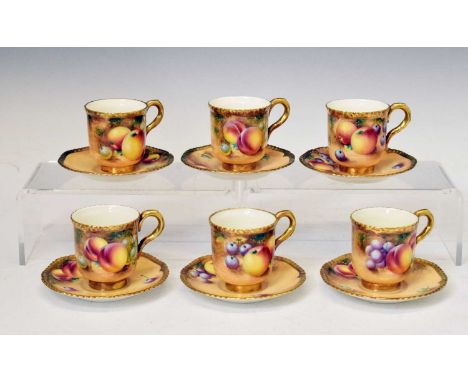 Royal Worcester porcelain set of six fruit decorated coffee cups and saucers, painted by Roberts within gilt gadrooned rims, 