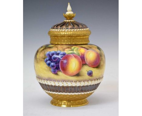 Royal Worcester porcelain fruit decorated pot pourri vase and cover with liner, painted by J Smith, shape 1286, black printed