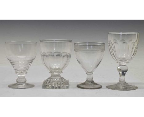 Early 19th century glass rummer with ‘lemon squeezer’ base, 8.7cm rim diameter x 13.2cm high, together with three other rumme