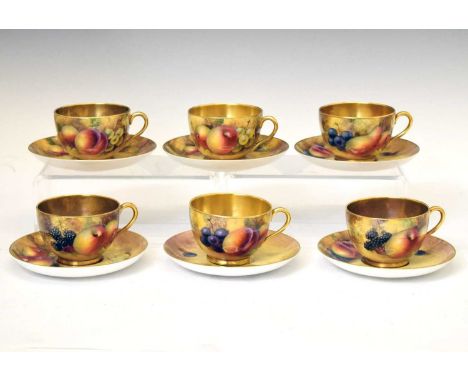 Royal Worcester porcelain set of six fruit decorated tea cups and saucers, painted by J. Smith, black printed marks, 8.5cm di