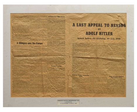 World War II era German Third Reich propaganda leaflet ‘A Last Appeal to Reason by Adolf Hitler’, dropped by the Luftwaffe ov