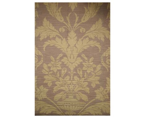 Pair of country house style linen lined and interlined curtains printed in pale mauve with damask style pattern, together wit