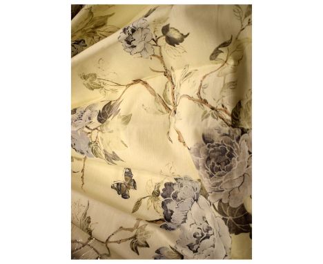 Pair of linen lined and interlined curtains, printed with a foliate design on cream ground, 283cm wide (along bottom hem per 