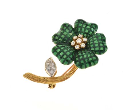 18ct gold, diamond and enamel flower brooch, the five petals decorated with green enamel with a cluster of diamonds to the ce