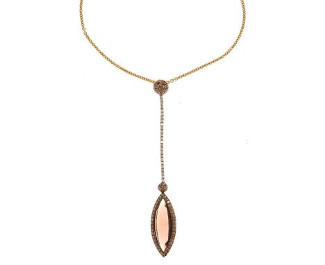 Smoky quartz and diamond pendant on a chain, pendant stamped '750', the chain '18KT', the marquise shaped stone enclosed by s