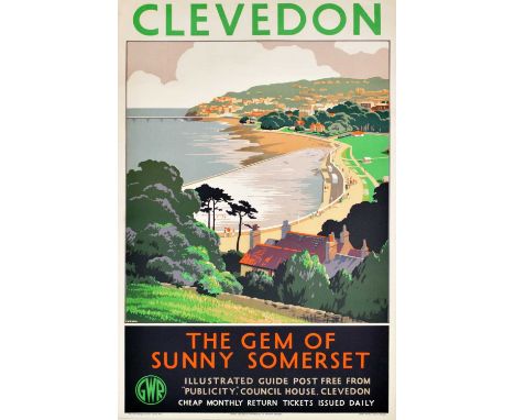 Railwayana; after Leonard Cusden (1898 -1979) - Colour lithograph GWR tourism poster - Clevedon, The Gem of Sunny Somerset - 