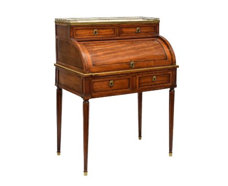 Late 19th century or early 20th century French Louis XVI-style mahogany cylinder bureau, the rectangular marble top with pier