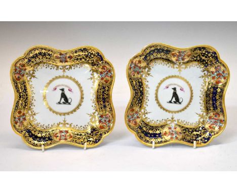 Pair of Chamberlains Worcester armorial porcelain dishes, of shaped square form, painted and gilded in the 'Yeo' pattern and 