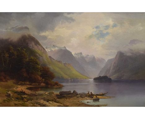 Nicholas Chevalier, (1828-1902) - Oil on canvas - Lake Manapouri, South Island, New Zealand, a view past Mahara Island toward