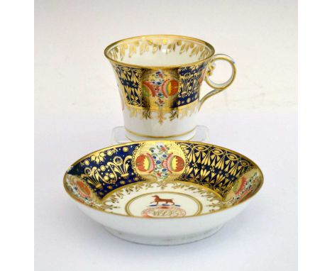 Chamberlain Worcester armorial porcelain cup and saucer, of 'Baden' shape painted and gilded in the Admiral Yeo pattern with 