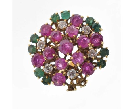 Multi-gem cluster ring set rubies, emeralds and diamonds, the unmarked yellow metal mount tests as 18ct gold, size K approx, 