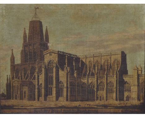 19th century over painted print on canvas - 'South East View of Redcliffe Church, Bristol', 54cm x 69cm, in ebonised frame 