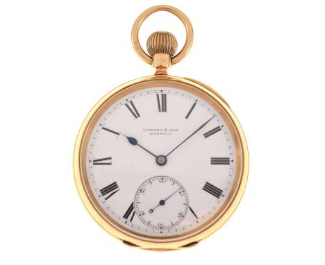 Linford &amp; Sons, Norwich, 18ct gold open-face pocket watch, signed white enamel dial with black Roman numerals, subsidiary
