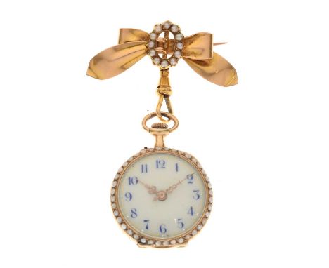 Gem and enamel fob watch, the case with Swiss control marks and '14K' enamel dial with blue Arabic numerals, with seed pearls