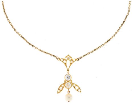 Diamond and cultured pearl pendant on chain, the chain tagged '9', the pendant of almost bug appearance with two old brillian