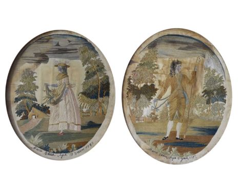 Pair of late 18th century oval silkwork pictures, worked by Maria Oddie, 1797, showing a fashionable lady and gentleman in a 