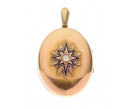 Victorian oval locket, unmarked, with a split pearl and enamel starburst motif to the centre, 4.5cm long excluding the bale, 