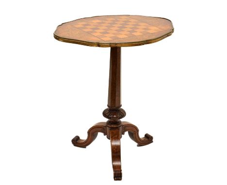 Victorian marquetry inlaid tripod games table, circa 1870, the shaped oval top inlaid with chess board of satinwood and rosew