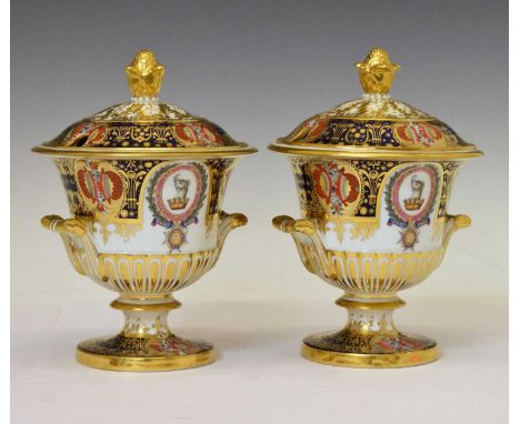 Chamberlain Worcester pair of armorial dessert tureens and covers from the Admiral Yeo service, each of twin-handled semi-ree