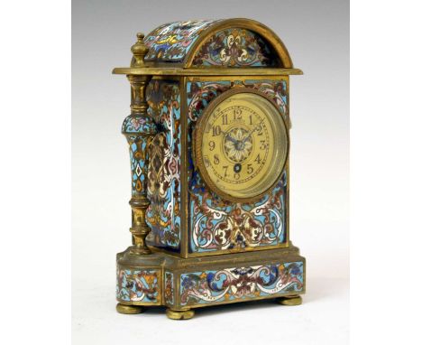 Late 19th century French brass and champlevé enamel mantel clock, retailed by Finnegans, Manchester, with inscribed gilt 2.25