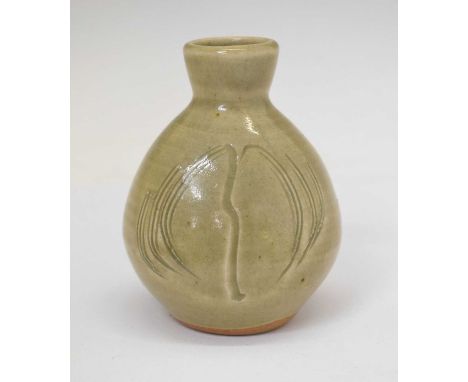 Bernard Howell Leach (1887-1979) St Ives celadon glazed stoneware vase, ovoid with flared neck, incised with stylised willow 