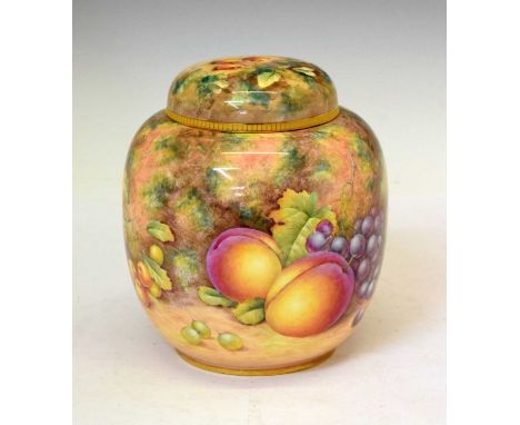 Royal Worcester fruit decorated ginger jar and cover by J Smith, black printed mark, 18cm high