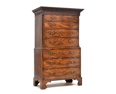 George III mahogany chest on chest or tallboy, with cavetto cornice over blind fretwork frieze, fitted two short over six gra