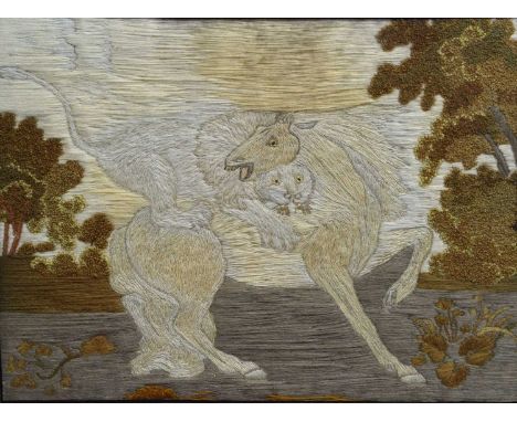 19th century needlework study after George Stubbs - Horse attacked by lion, 24cm x 31cm, in verre églomisé surround in gilt f