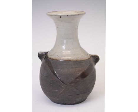 Janet Leach (American, British 1918-1997), stoneware vase, ovoid with lug handles and flared neck, grey over matt glaze with 