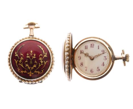 Late 19th century Swiss lady's yellow metal (585) and enamel fob watch, 'full hunter'-cased, the hinged red enamel, wavy engi