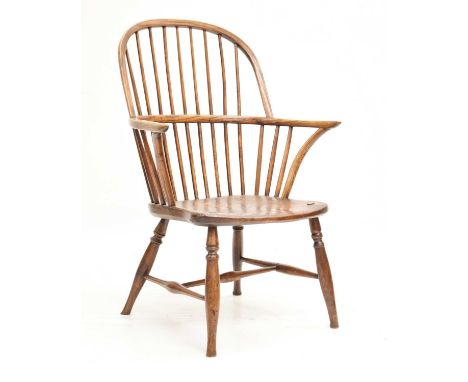 19th century ash and elm low hoop back Windsor chair, the two-tier stick back above elm saddle seat raised on angled turned t