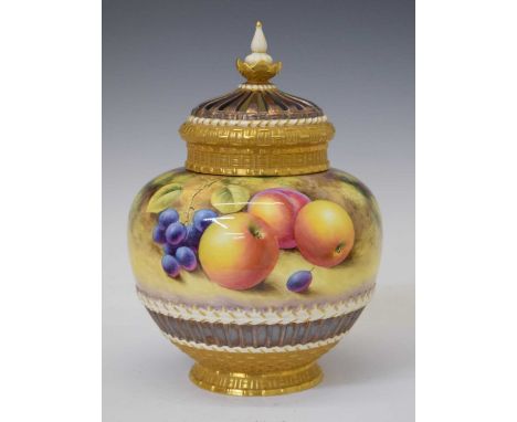 Royal Worcester porcelain fruit painted pot pourri vase and cover with liner, gilded and painted with white grapes, black gra