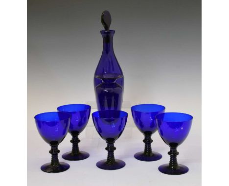 Collection of ‘Bristol’ blue glass to include decanter and stopper, five wine glasses on ring-turned spreading stem, and vase