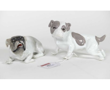 A Dresden porcelain figure of a bull dog, 20th century, modelled in recumbent pose, blue underglaze mark to the underside, le