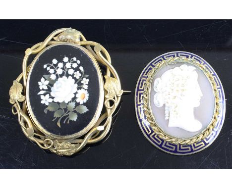 A Victorian pinchbeck and pietra dura pendant brooch depicting a floral spray within a woven border, full dimensions 68x57mm,