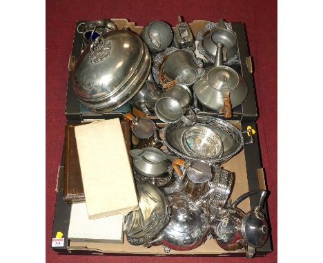 A collection of silver plated and pewter ware to include serving dishes, teapot, coffee pot, entree dishes, various flat ware